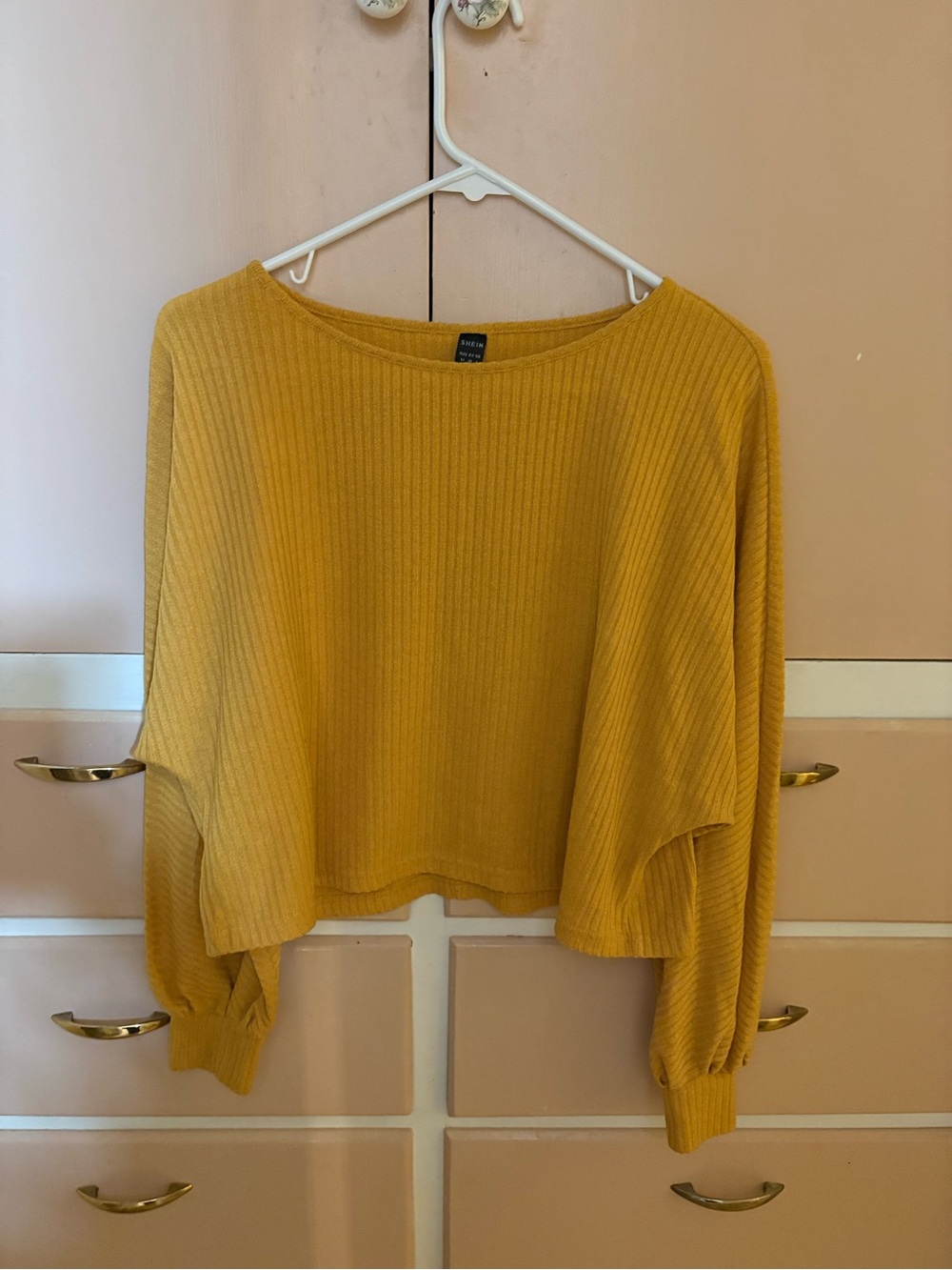 SHEIN Mustard Ribbed Balloon Sleeve Cropped Sweatshirt